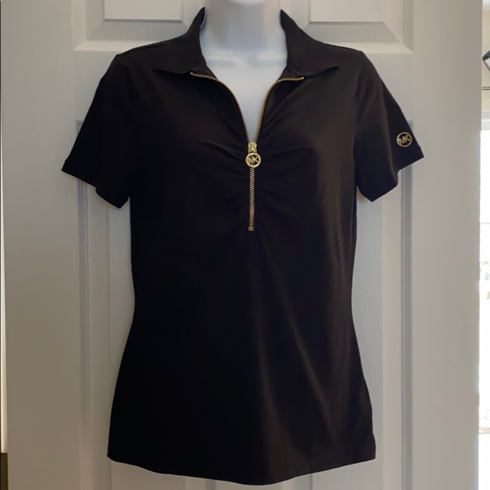NEW MICHAEL KORS RUCHED MK LOGO BLACK SHIRT POLO
